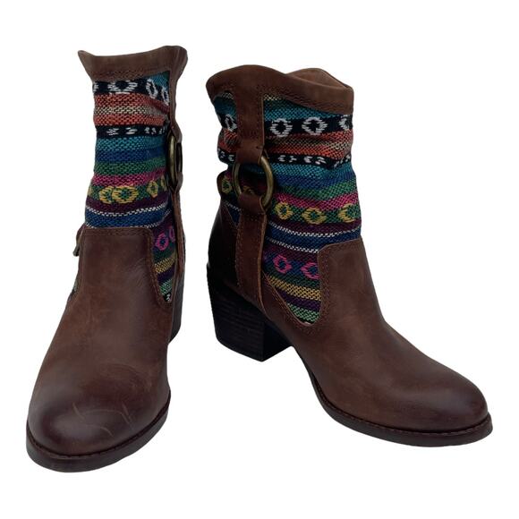 Lucky Brand Boxer Brown Santiago Rustic Native Fabric Leather Heel Boots Size 8 - Picture 7 of 8